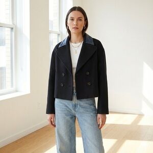 Carven black wool peacoat with blue patent leather collar - size 10 (FR 42)